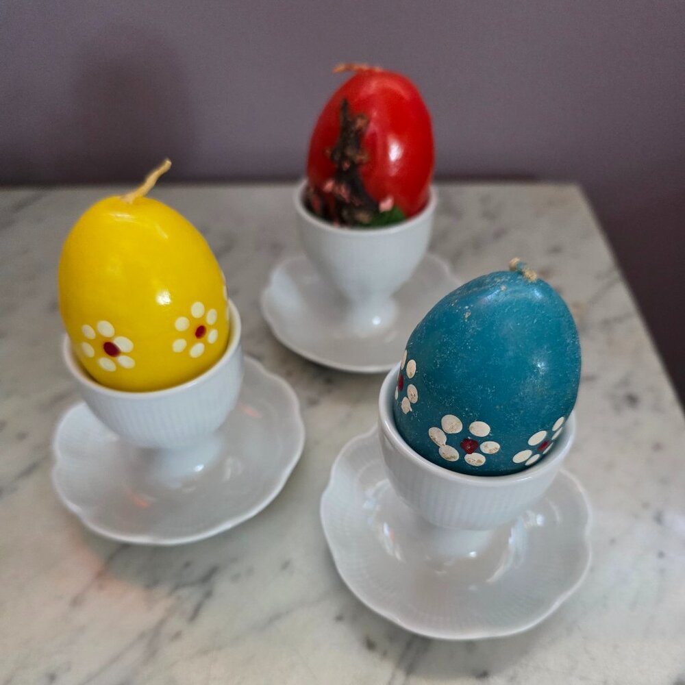 Kaiser Germany Porcelain Egg Cups Set of 3 w/ Vintage Easter Candle Eggs Cottage